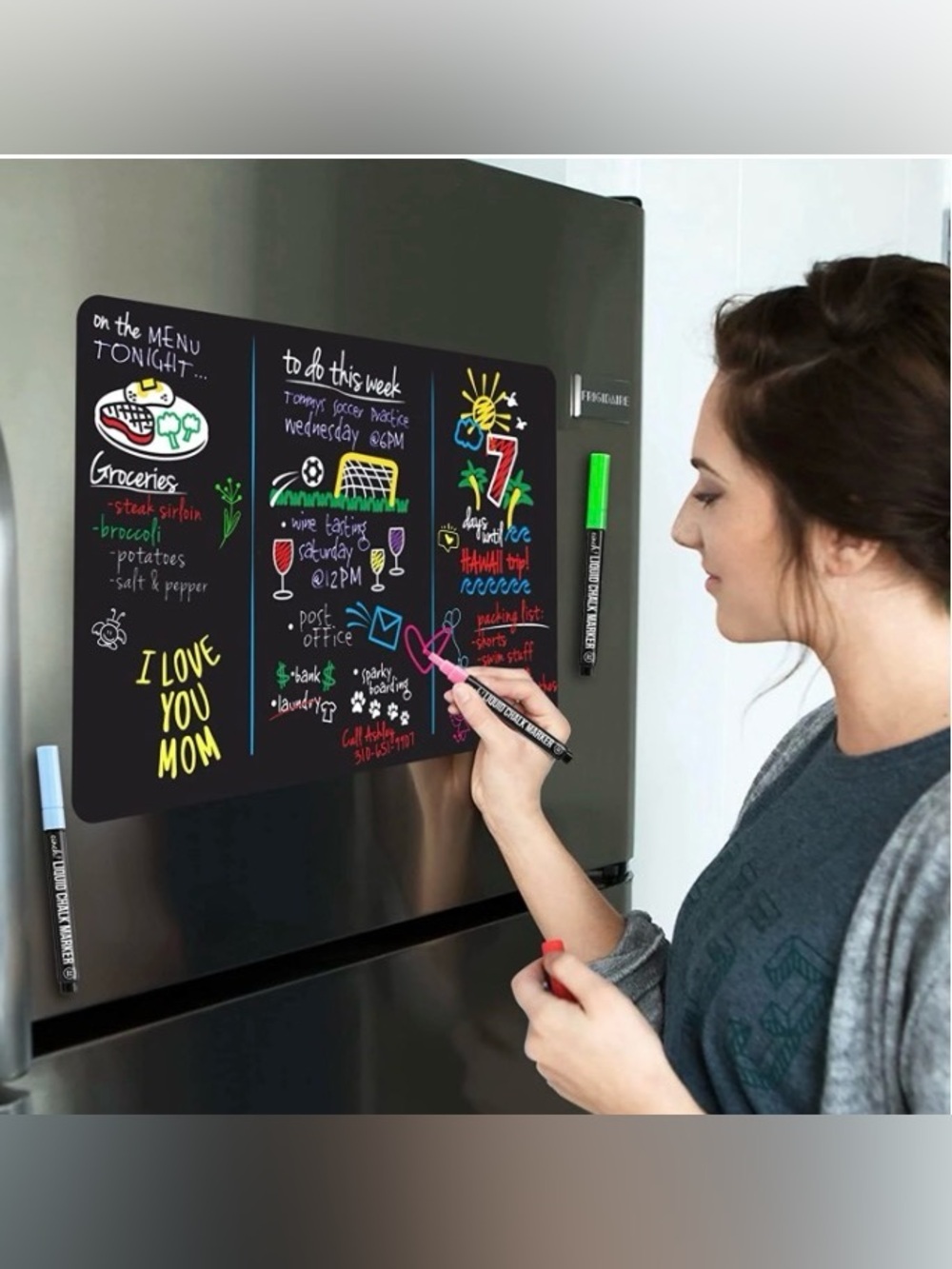 Magnetic Black Dry Erase Board for Fridge:with Bright Neon Chalk Markers 17x11"
